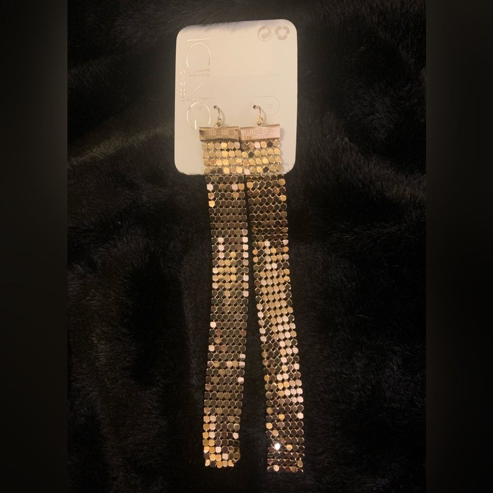 ICING gold tone shimmer earrings 6” long